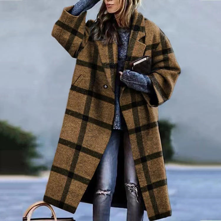 Woochic veste pour femmes col revers en tweed à carreaux brun foncé S