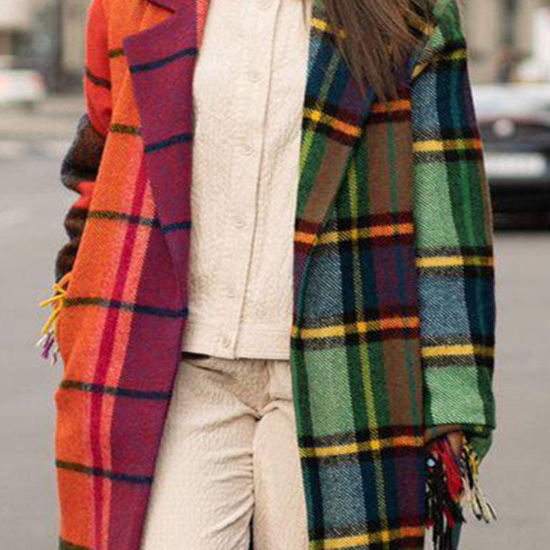 Woochic veste pour femmes col revers en tweed à carreaux contrasté