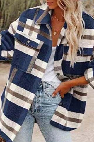 Woochic veste pour femmes col revers en tweed imprimée à carreaux bleu1 S