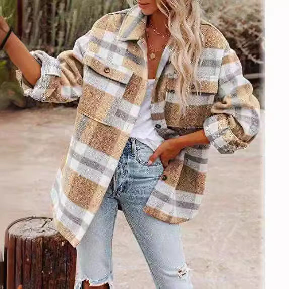 Woochic veste pour femmes col revers en tweed imprimée à carreaux jaune 2 S