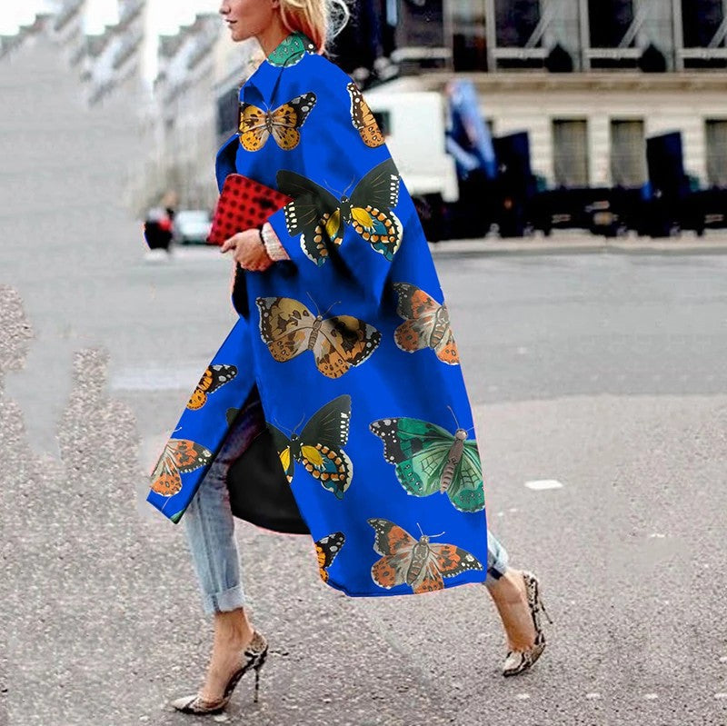 Woochic veste pour femmes col revers imprimé manches évasées bleu foncé S