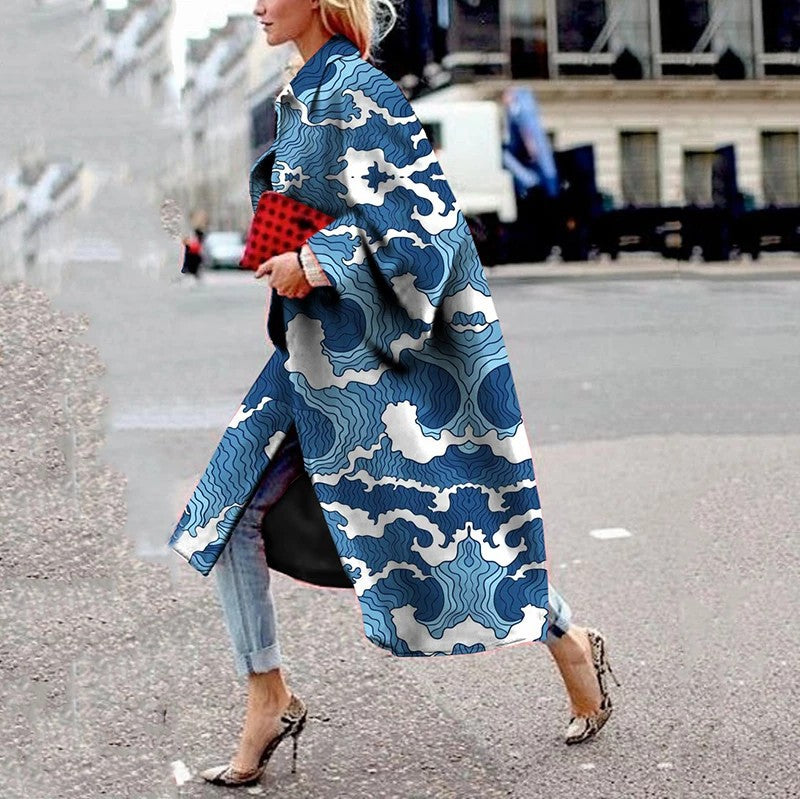 Woochic veste pour femmes col revers imprimé manches évasées bleu 4 S