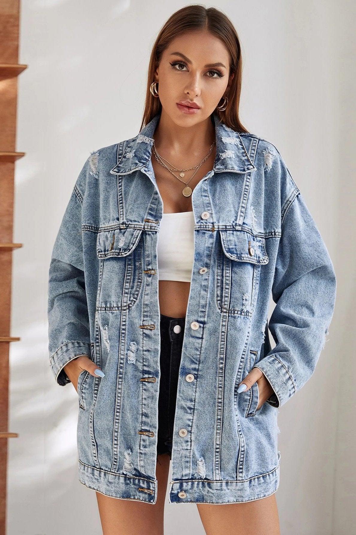 Woochic veste pour femmes en jean déchiré lâche bleu1 XS