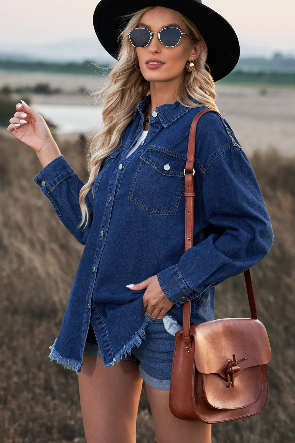 Woochic veste pour femmes en jean délavé manches longues ourlet effiloché