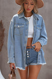Woochic veste pour femmes en jean délavé manches longues ourlet effiloché bleu S