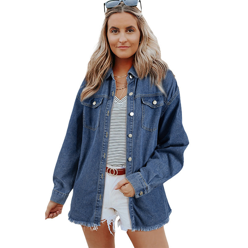 Woochic veste pour femmes en jean délavé manches longues ourlet effiloché bleu 4 S
