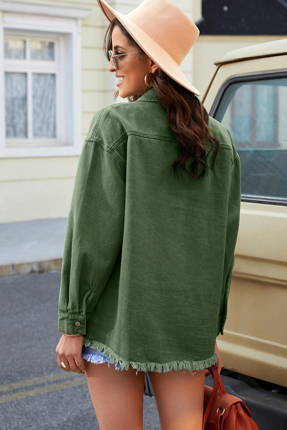 Woochic veste pour femmes en jean délavé manches longues ourlet effiloché