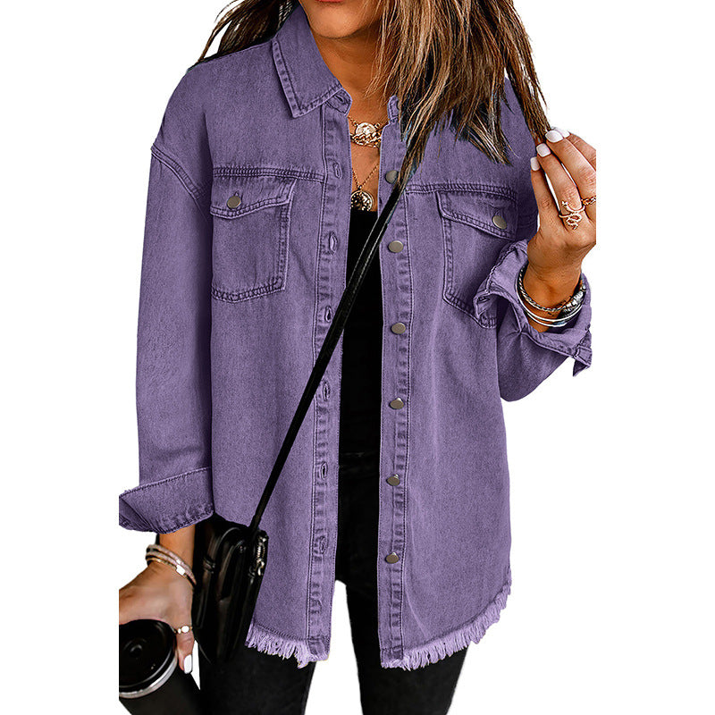Woochic veste pour femmes en jean délavé manches longues ourlet effiloché violet S