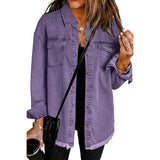 Woochic veste pour femmes en jean délavé manches longues ourlet effiloché violet S