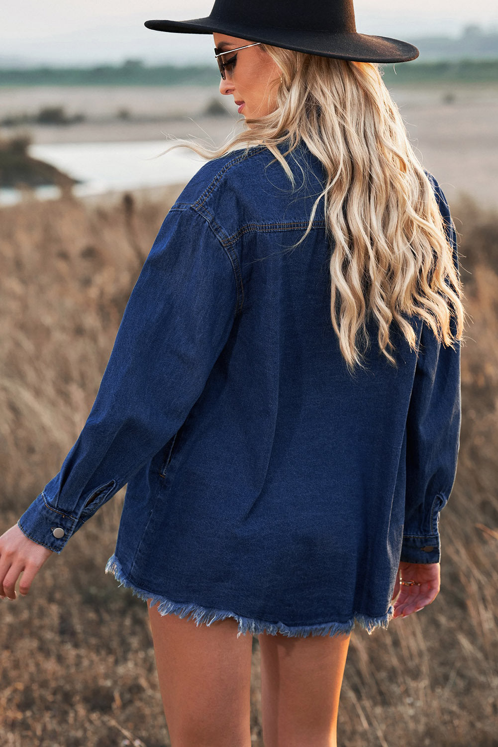 Woochic veste pour femmes en jean délavé manches longues ourlet effiloché