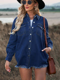 Woochic veste pour femmes en jean délavé manches longues ourlet effiloché bleu foncé S