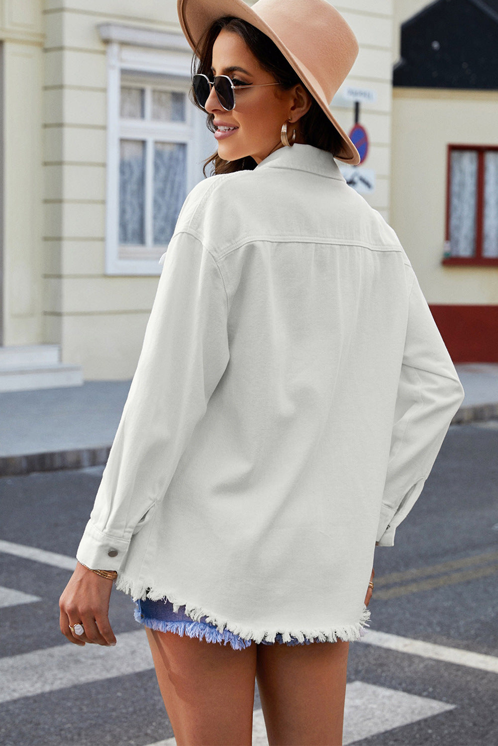 Woochic veste pour femmes en jean délavé manches longues ourlet effiloché