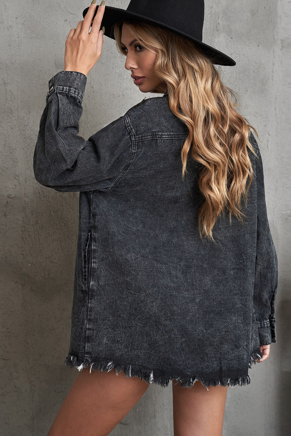 Woochic veste pour femmes en jean délavé manches longues ourlet effiloché