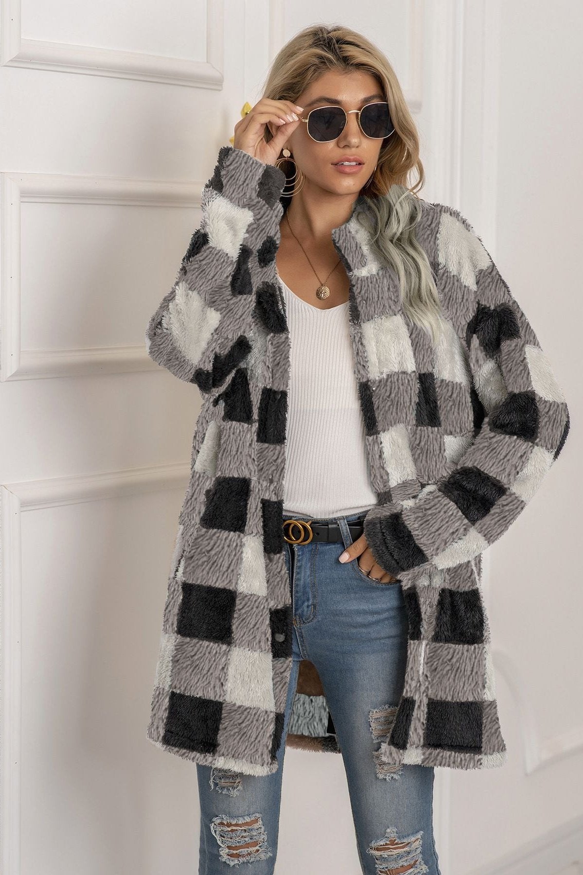 Woochic veste pour femmes en peluche à carreaux contrastées gris S