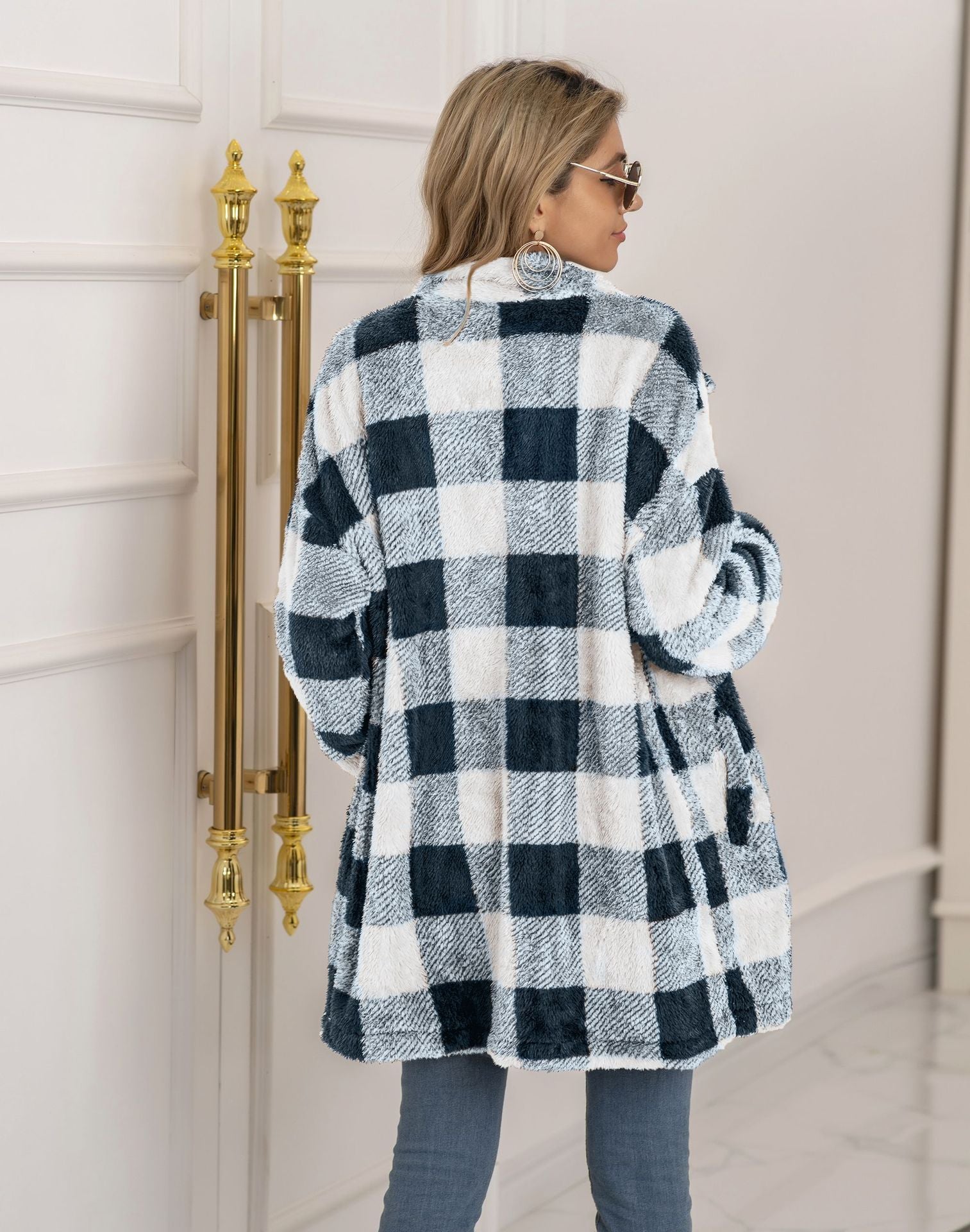 Woochic veste pour femmes en peluche à carreaux contrastées