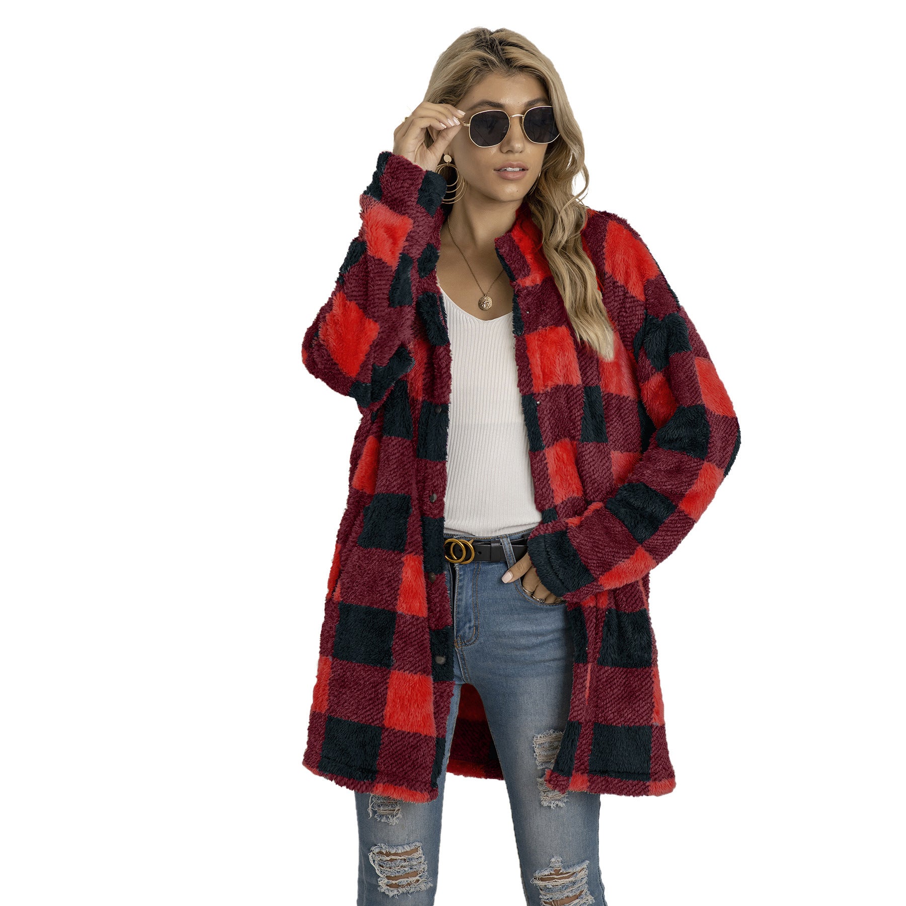 Woochic veste pour femmes en peluche à carreaux contrastées rouge 3 S