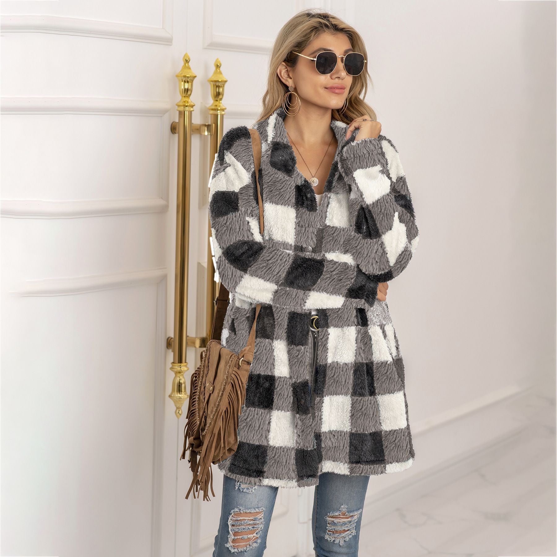 Woochic veste pour femmes en peluche à carreaux contrastées