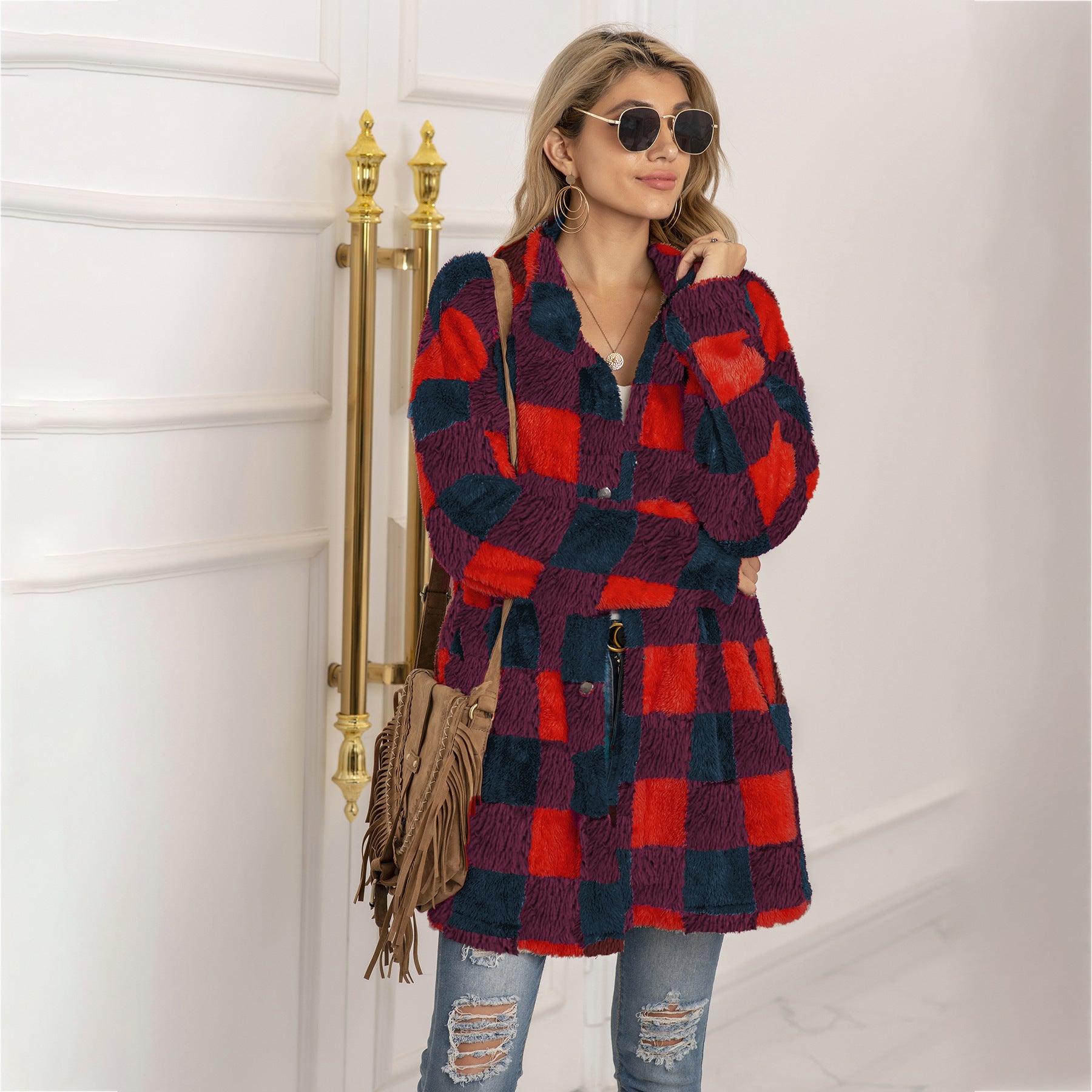 Woochic veste pour femmes en peluche à carreaux contrastées rouge 2 S