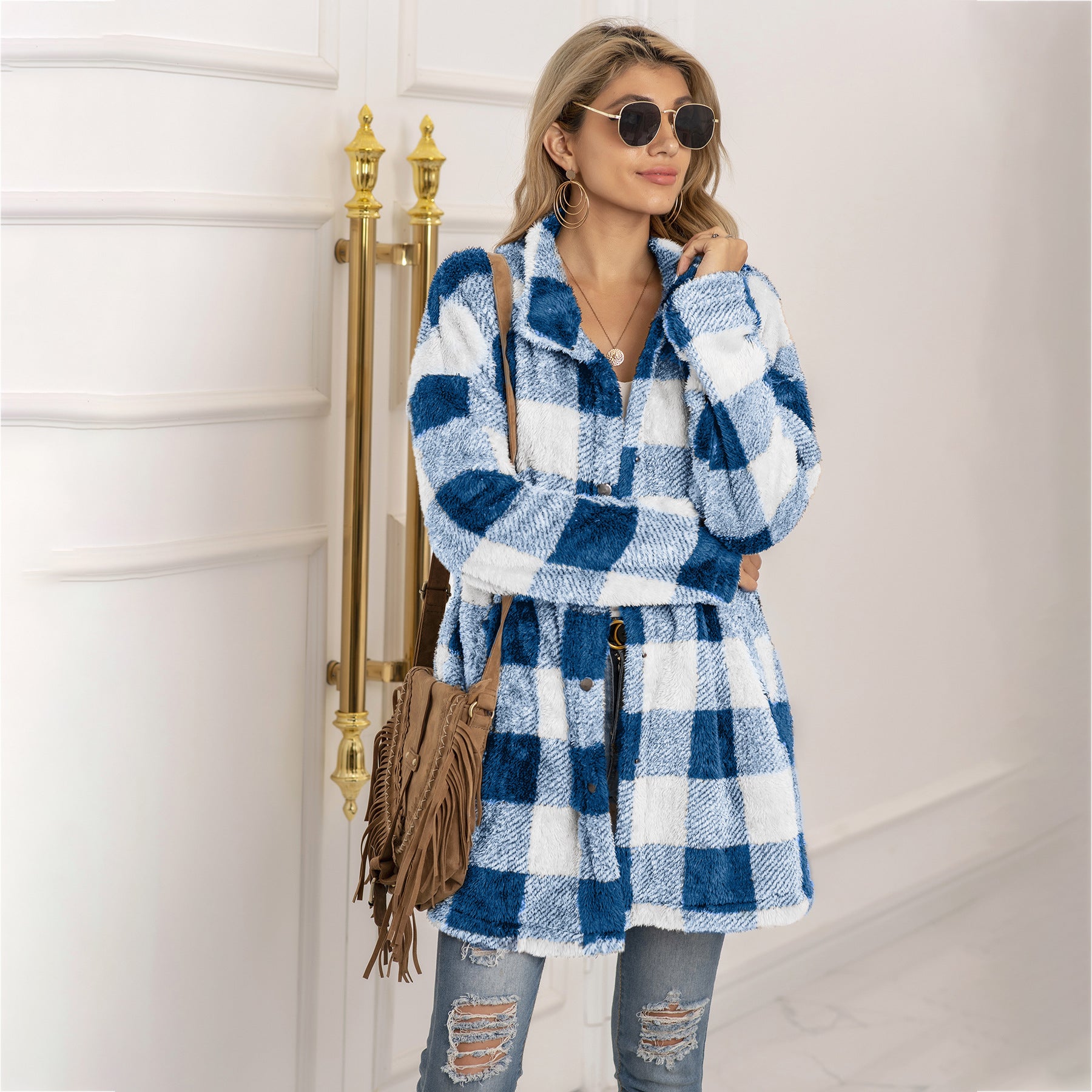 Woochic veste pour femmes en peluche à carreaux contrastées bleu 4 S