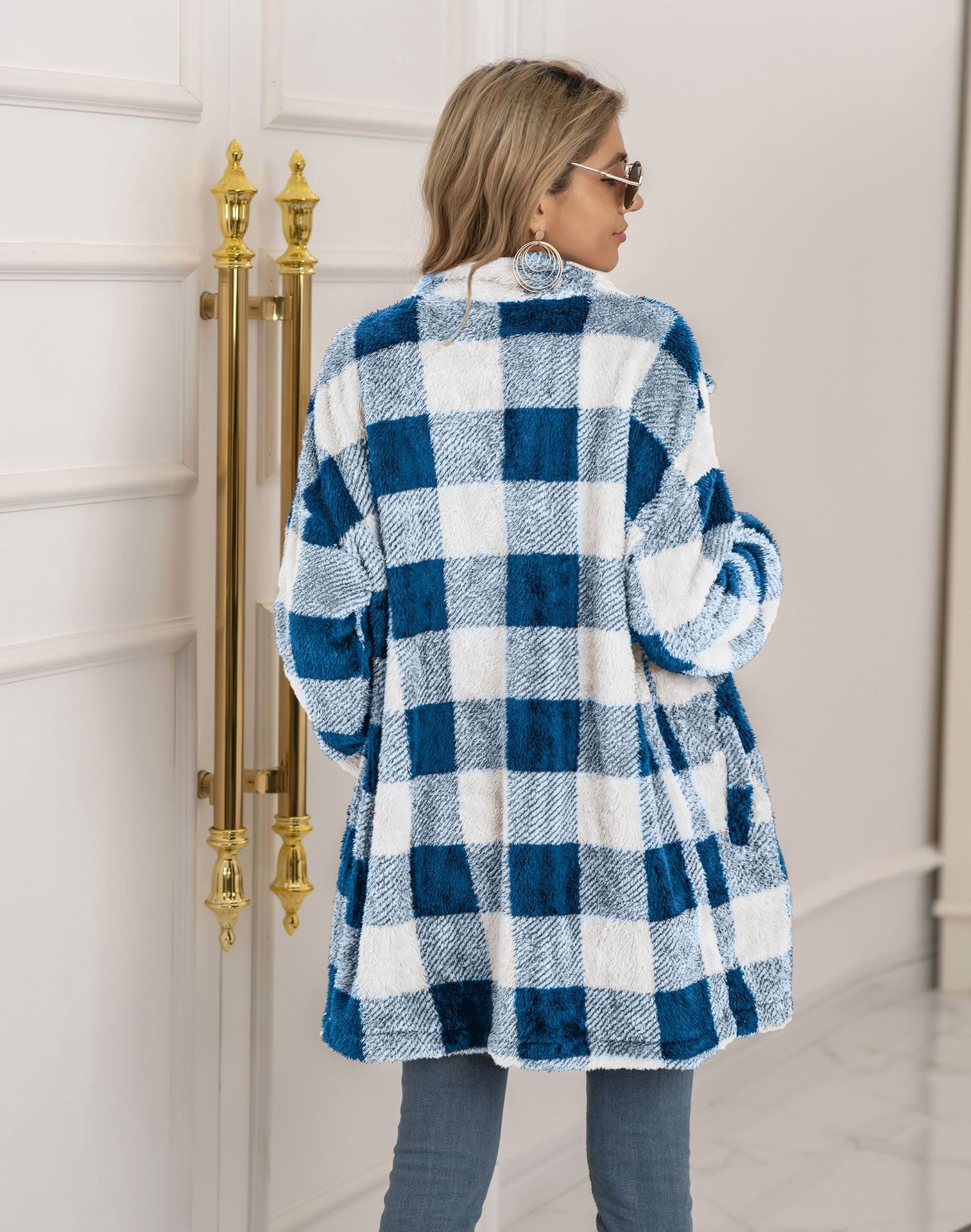 Woochic veste pour femmes en peluche à carreaux contrastées