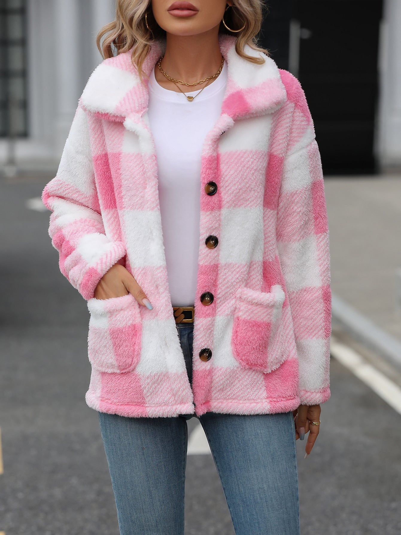 Woochic veste pour femmes en peluche double face col revers à carreaux rose S