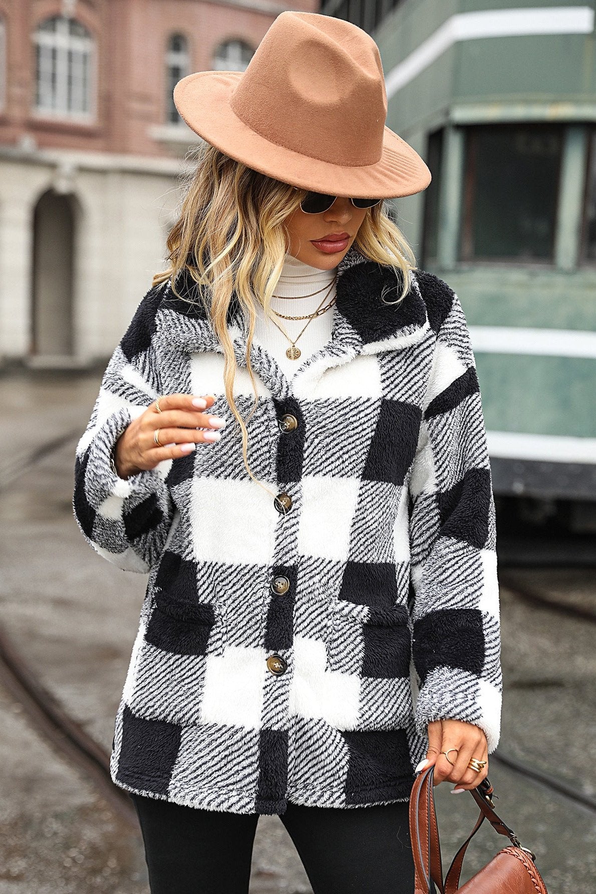 Woochic veste pour femmes en peluche double face col revers à carreaux noir S