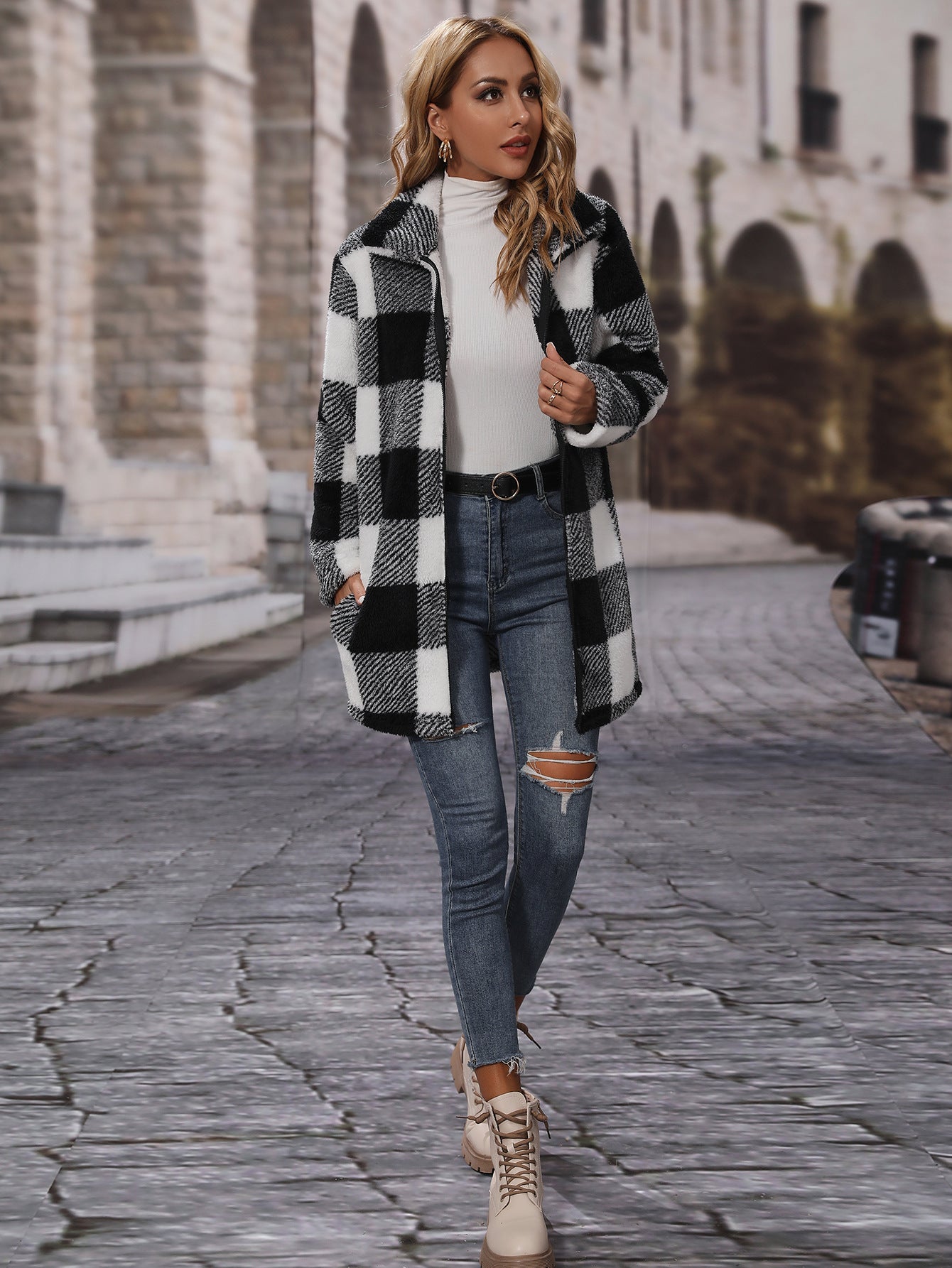 Woochic veste pour femmes en peluche zippé double face carreaux