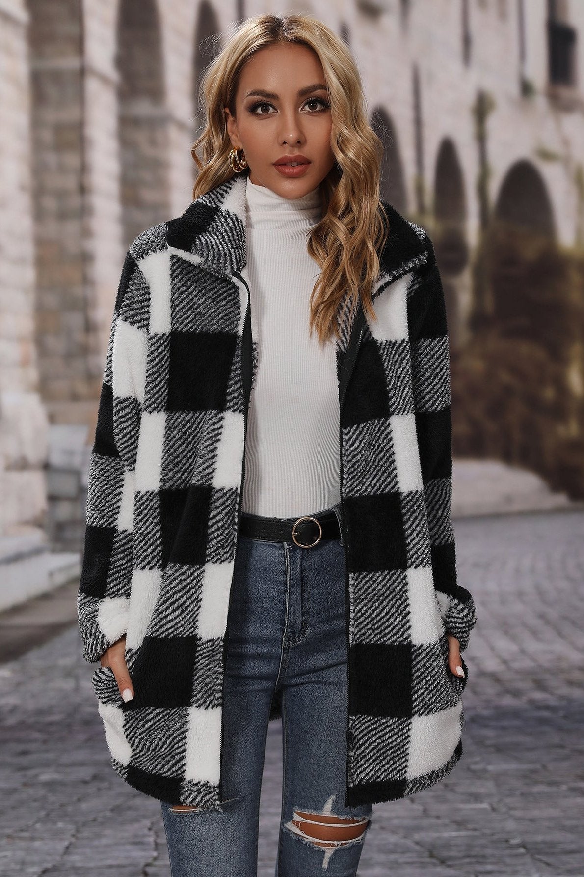 Woochic veste pour femmes en peluche zippé double face carreaux noir S