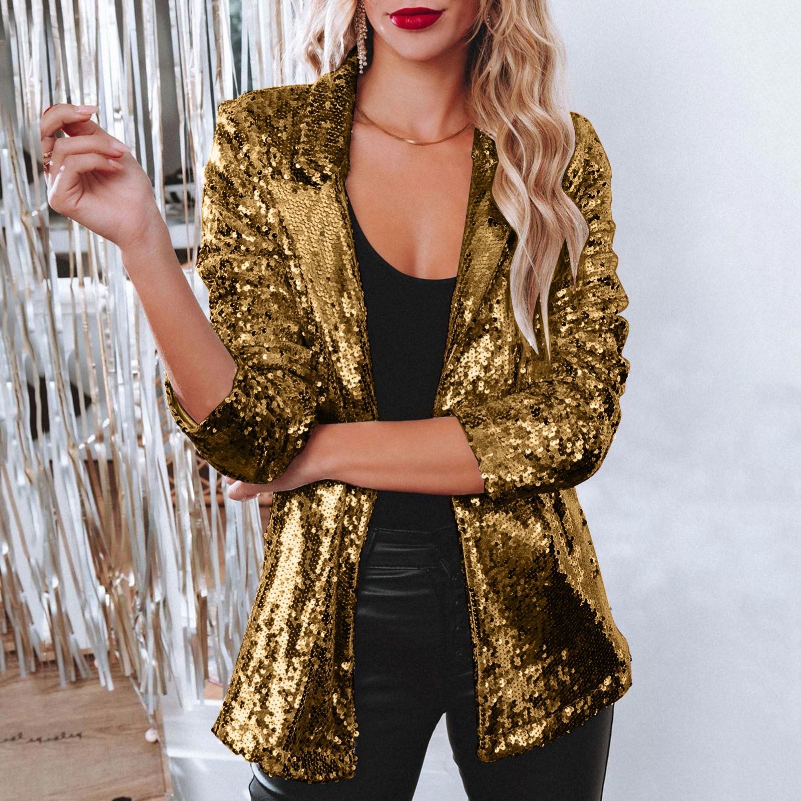 Woochic veste pour femmes sequins à manches longues décontractée doré S