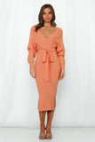 Woochic robe pull col en V manches chauve-souris couture taille haute orange S