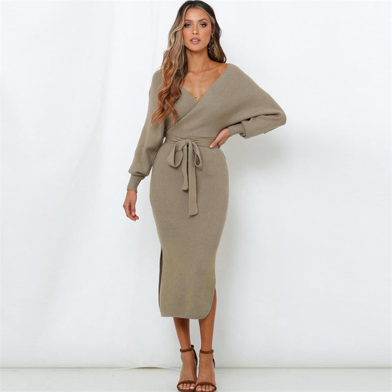 Woochic robe pull col en V manches chauve-souris couture taille haute kaqi S
