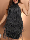 Woochic robe dos nu avec  frange grande taille de la soirée,courte XL noir