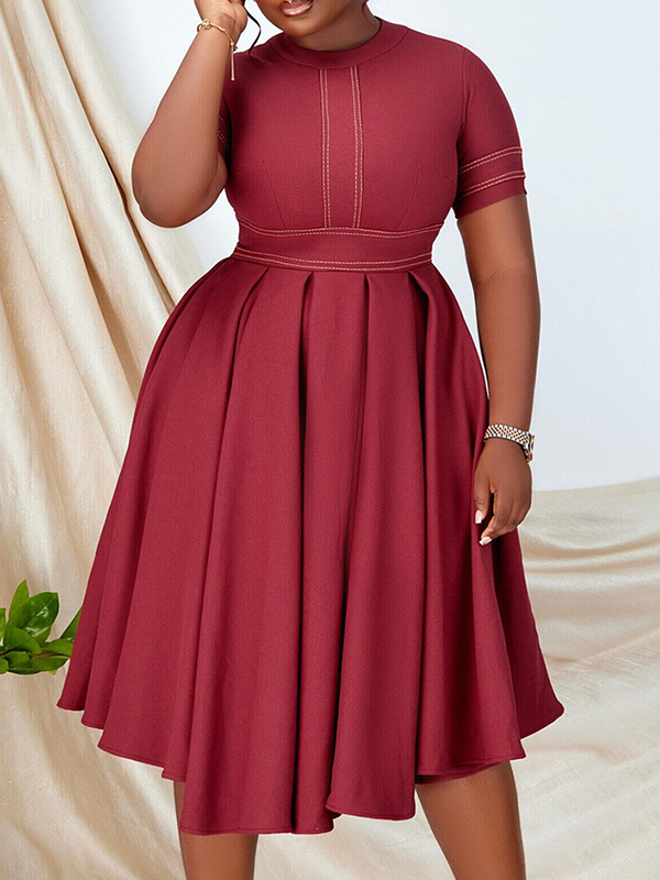 Woochics Robe mi-longue élégante à col ras du cou et couleur unie, grande taille, ceinturée