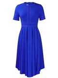 Woochics Robe mi-longue élégante à col ras du cou et couleur unie, grande taille, ceinturée Blue S