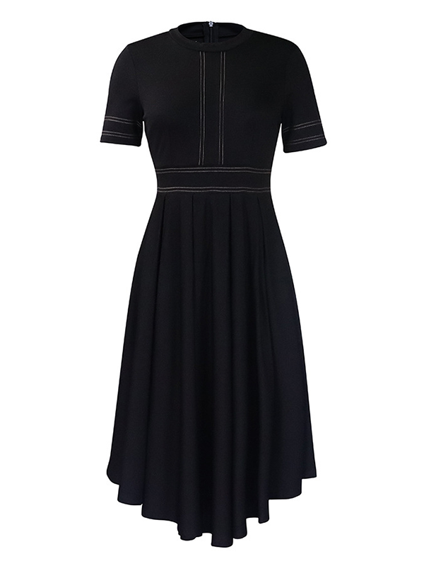 Woochics Robe mi-longue élégante à col ras du cou et couleur unie, grande taille, ceinturée Black S