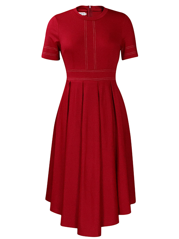 Woochics Robe mi-longue élégante à col ras du cou et couleur unie, grande taille, ceinturée Red S