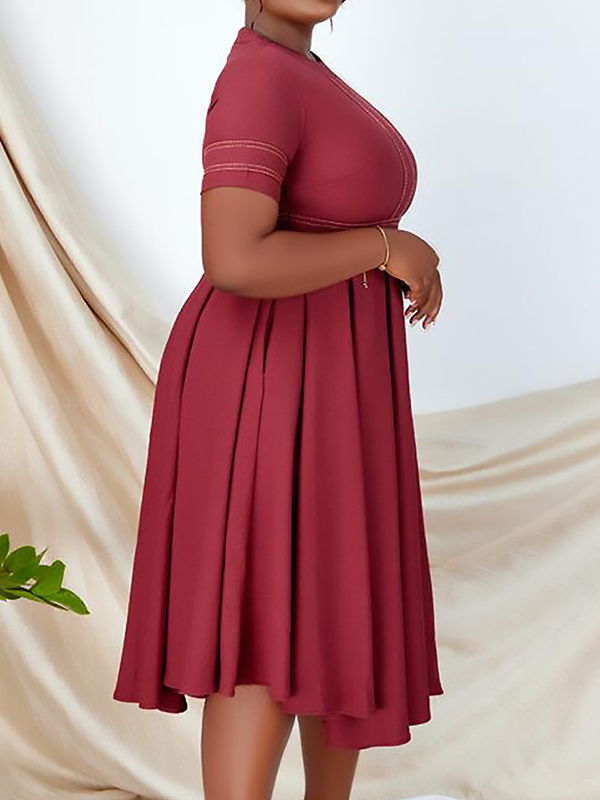 Woochics Robe mi-longue élégante à col ras du cou et couleur unie, grande taille, ceinturée
