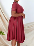 Woochics Robe mi-longue élégante à col ras du cou et couleur unie, grande taille, ceinturée
