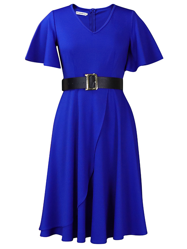 Woochics Robe mi-longue élégante à taille grande et col rond uni Blue S