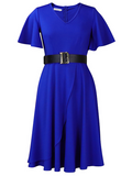 Woochics Robe mi-longue élégante à taille grande et col rond uni Blue S