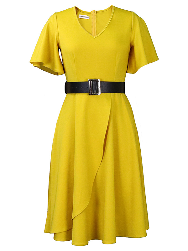Woochics Robe mi-longue élégante à taille grande et col rond uni Yellow S