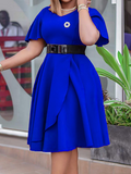 Woochics Robe mi-longue élégante à taille grande et col rond uni