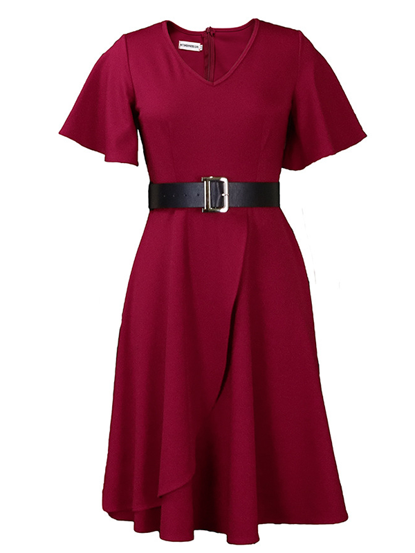 Woochics Robe mi-longue élégante à taille grande et col rond uni Red S