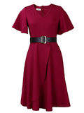 Woochics Robe mi-longue élégante à taille grande et col rond uni Red S