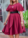 Woochics Robe mi-longue élégante à taille grande et col rond uni