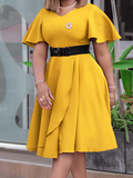 Woochics Robe mi-longue élégante à taille grande et col rond uni