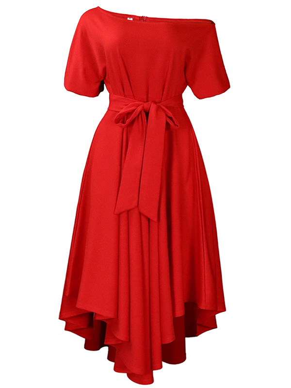 Woochics Robe mi-longue grande taille avec épaules dénudées Red S