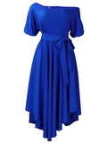 Woochics Robe mi-longue grande taille avec épaules dénudées Blue S