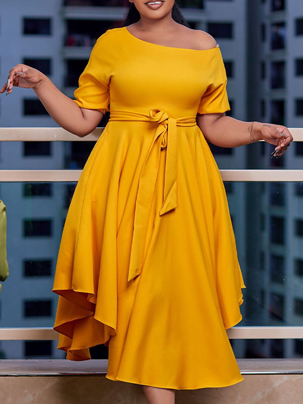 Woochics Robe mi-longue grande taille avec épaules dénudées
