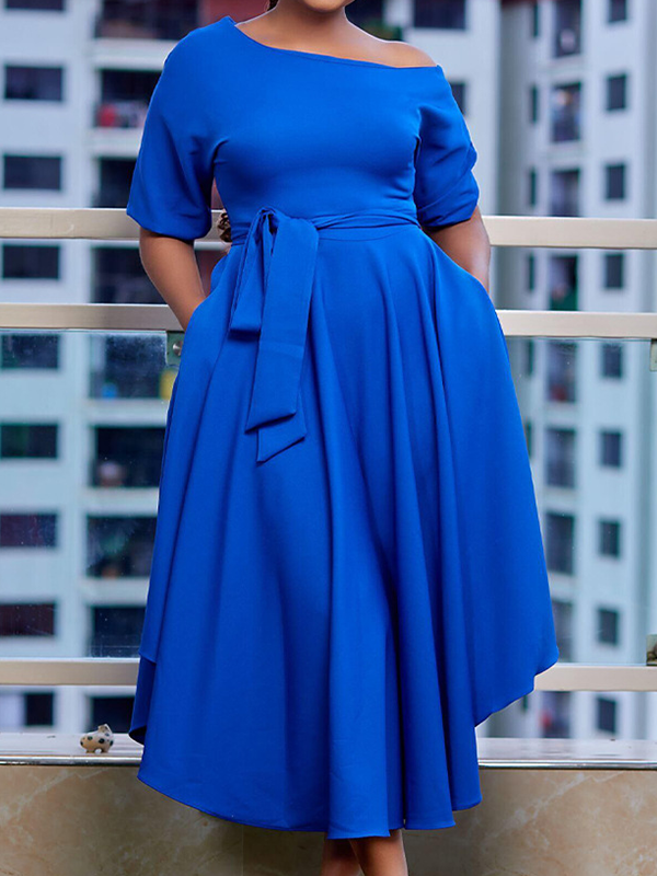 Woochics Robe mi-longue grande taille avec épaules dénudées